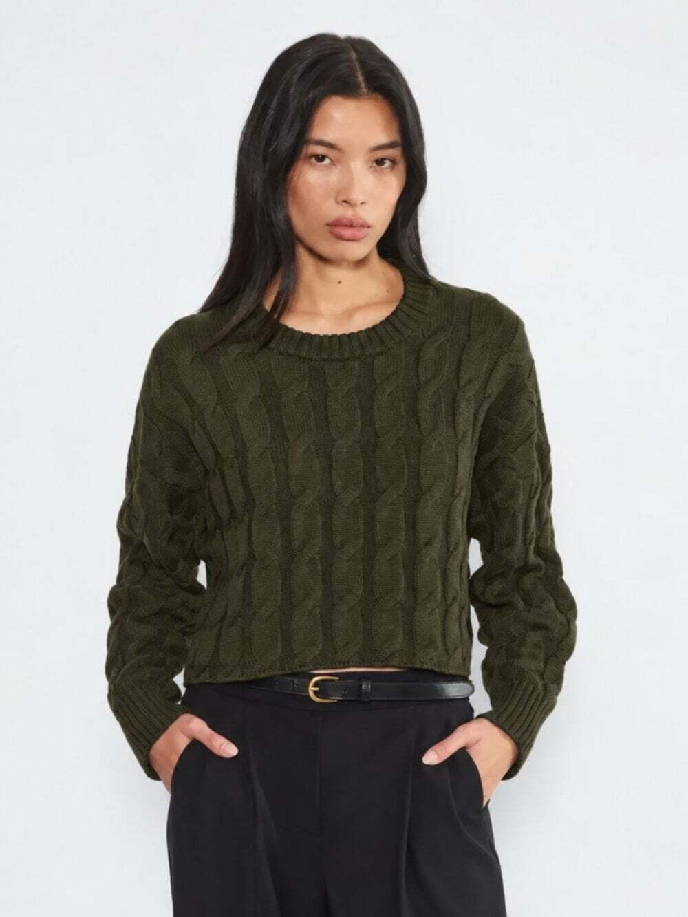 Aritzia Babaton Glory Merino Wool Sweater Oversized Cable Knit Cropped Green XS